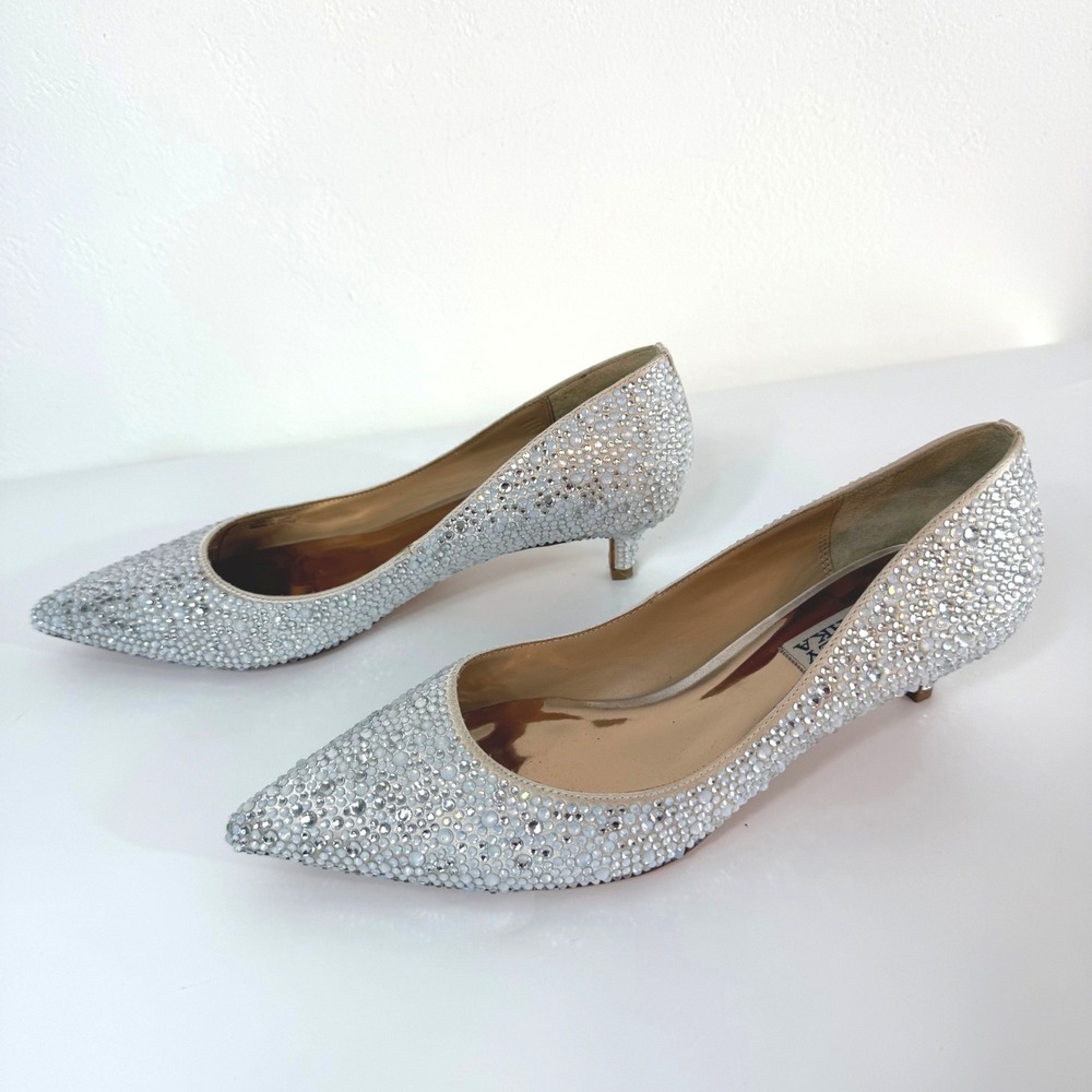 Badgley Mischka Kitten Heels Silver Crystal Rhinestone Embellished Bridal 6.5 - Picture 3 of 8